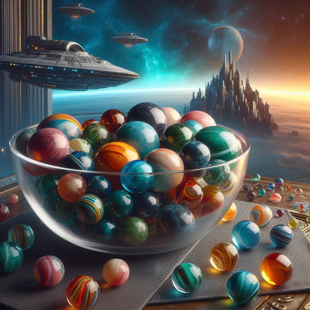 Bowl of marbles with space ship