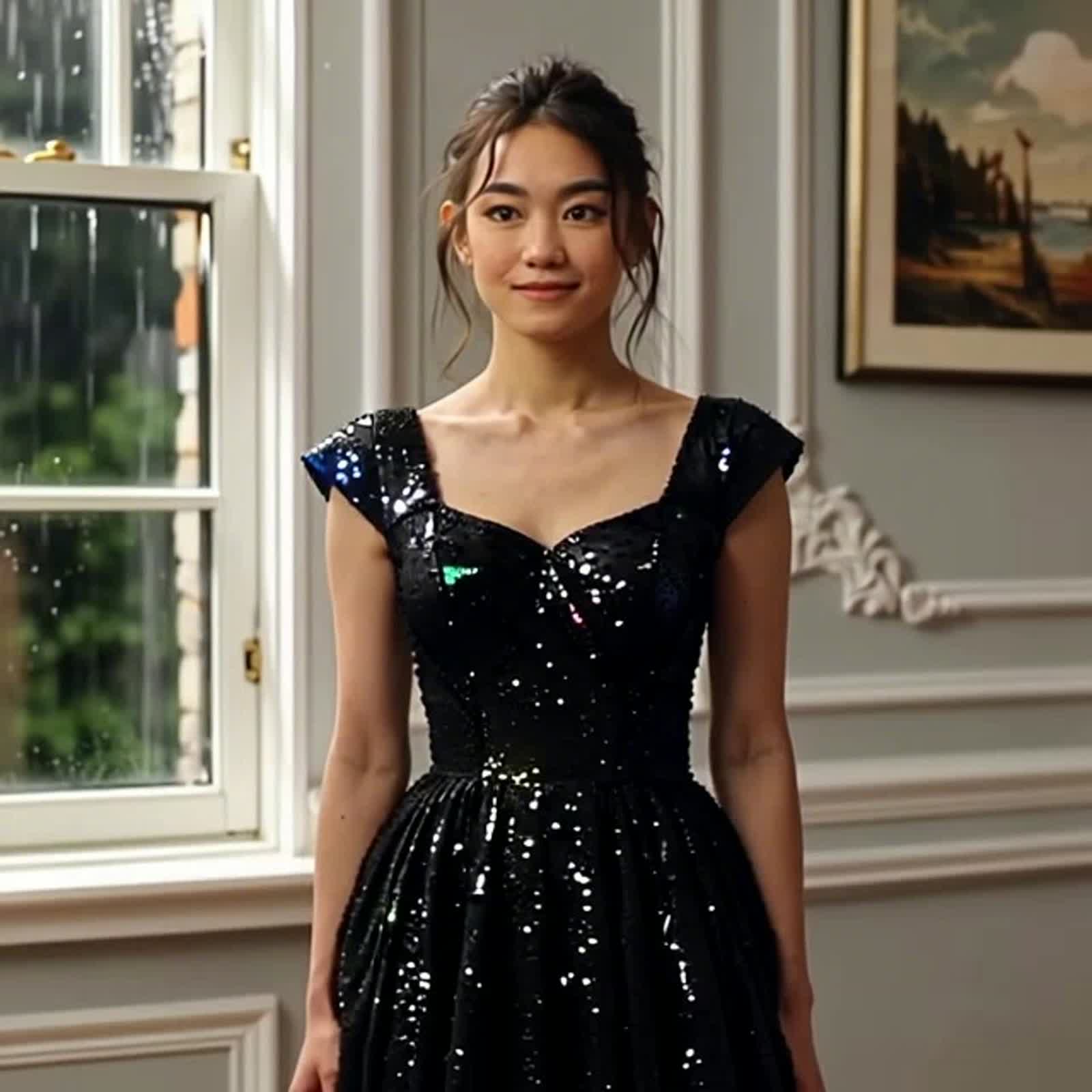 A special dress that changes colour when it is wet . A storm shows the dress turn from a very dark black to an assortmen...