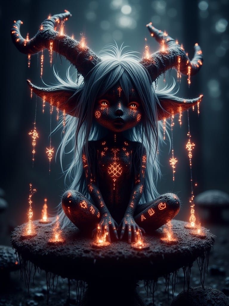 Glowing runes darkm Cute adorable gnome sitting on a mushroom, cinematic fantasy, detailed <lora:Glowing runes flux:1.0> 