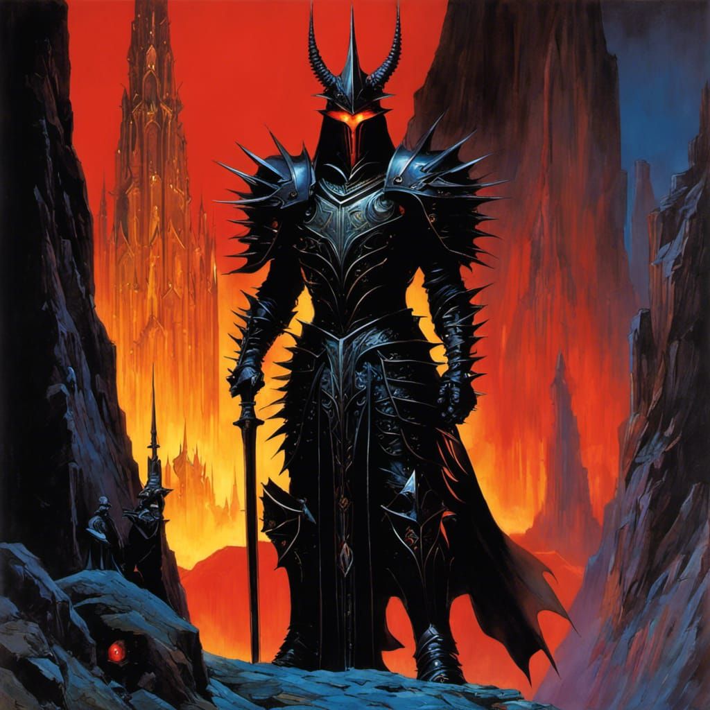 Sauron in black spiked armour, red glowing eyes, , by Richard Michael ...