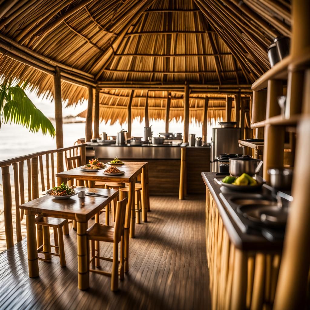 Bambo kitchen in a bamboo house on the beach front