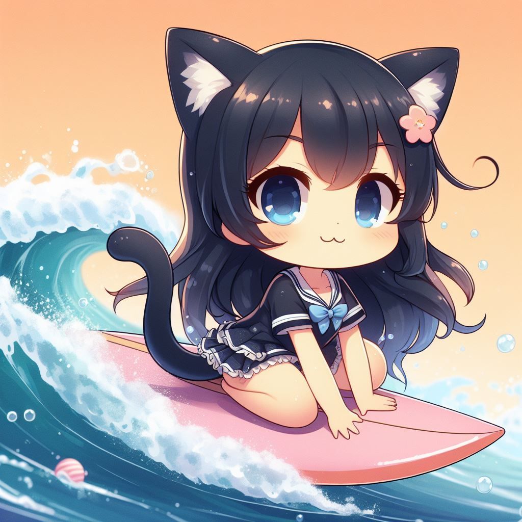 Cute  neko Moon surfing