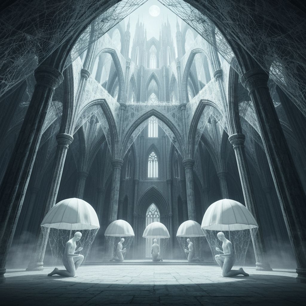 Towering cathedral built entirely from spiderweb strands.
Moonlight filters through delicate gossamer web arches.
Ghostly figures kneel bene...