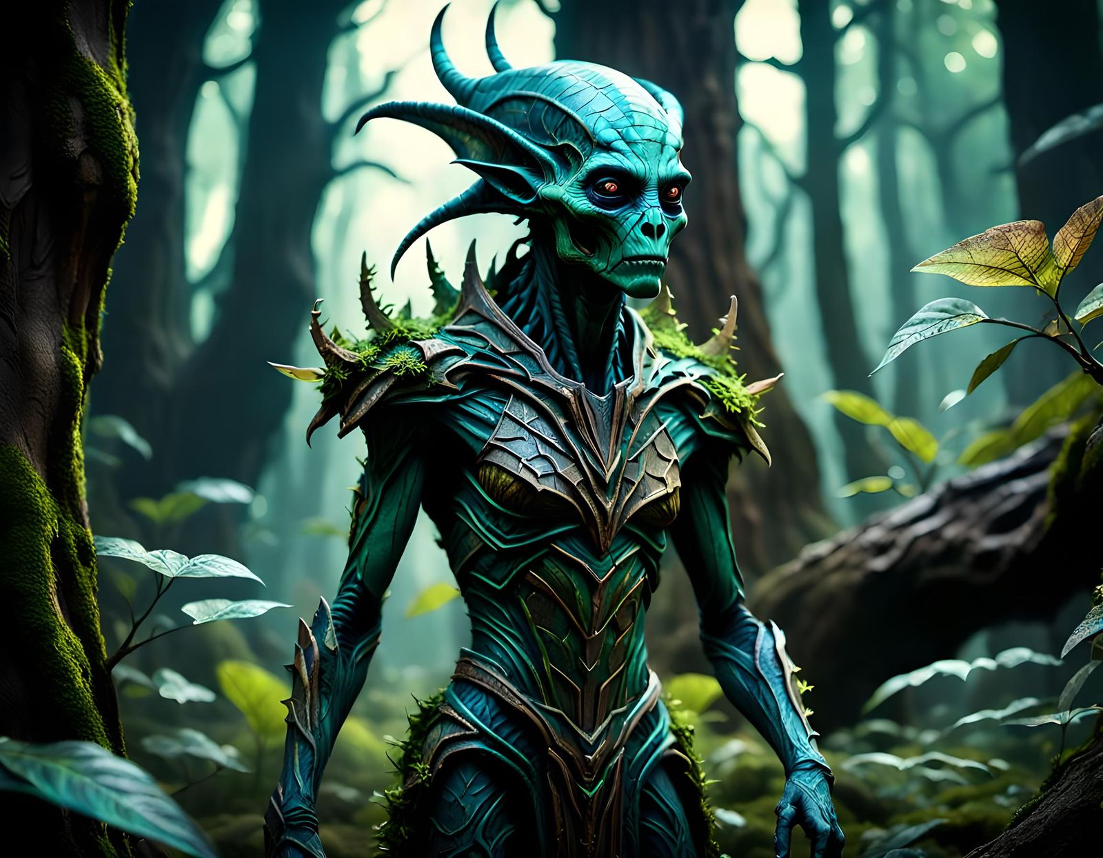 Alien void changeling feral bark skin dryad in a prehistoric forest ...