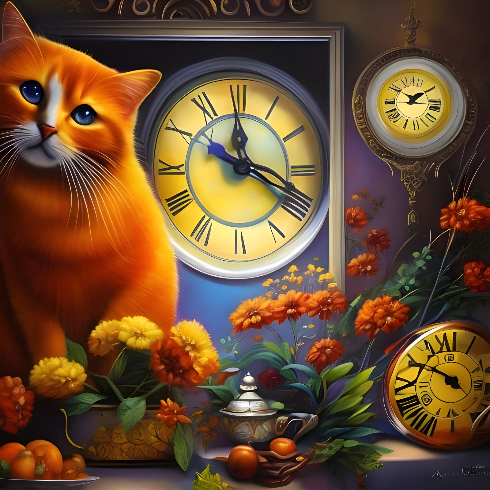 Orange cat, clocks, still life AI Generated Artwork NightCafe Creator