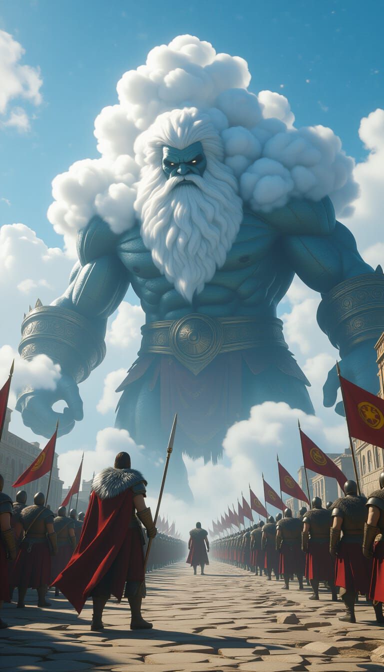 An ancient army encounters a collosal cloud giant, titanic giant with his head in the clouds, 3D Game Cinematic Feel, Epic 3D Videogame Grap...