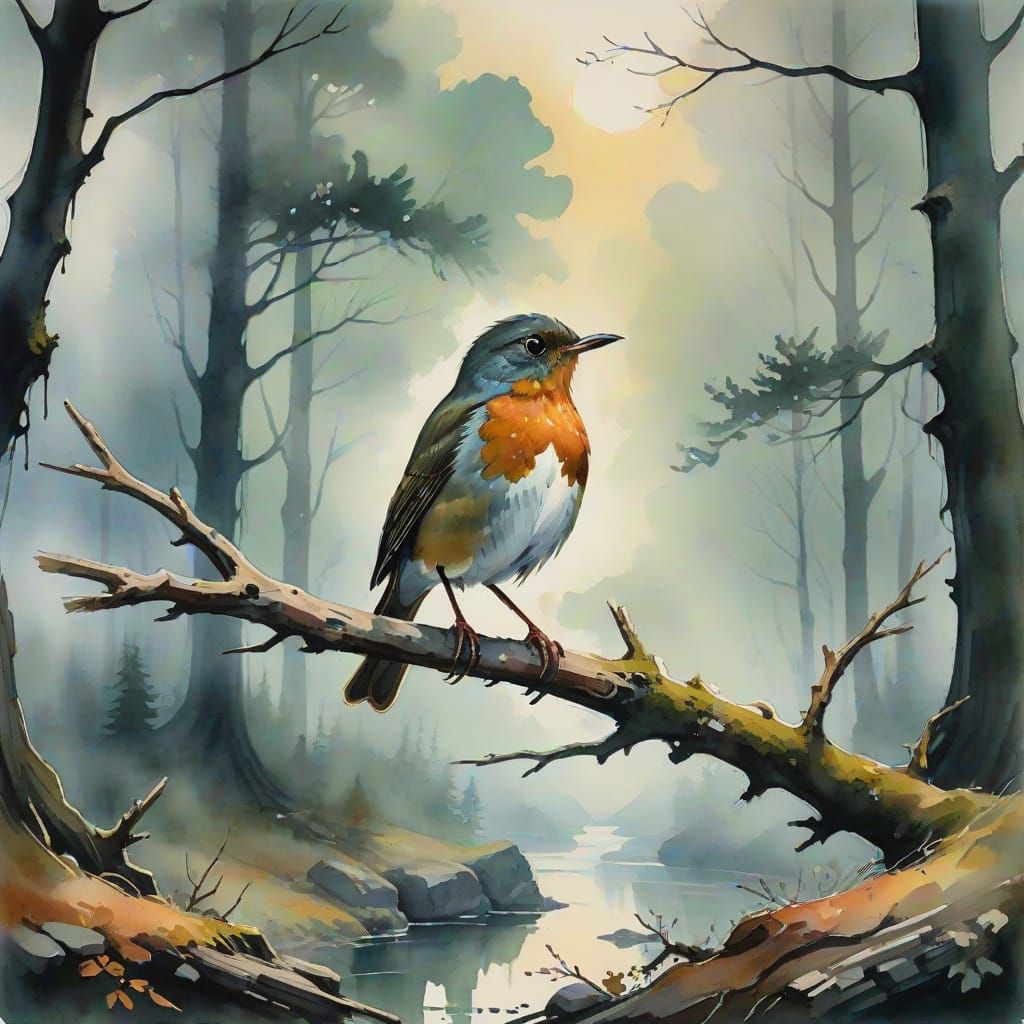 Robin on Silent Branch  by @Aquariel_Moon