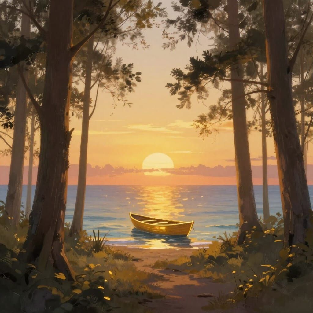 Golden Sunset Over Ocean with Shimmering Boat