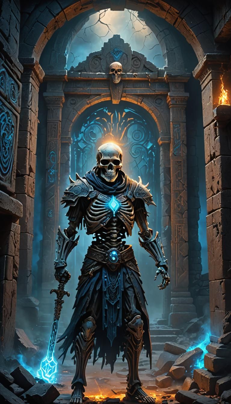 Skeletal Warrior Guards Mystical Portal in Dark Fantasy Art