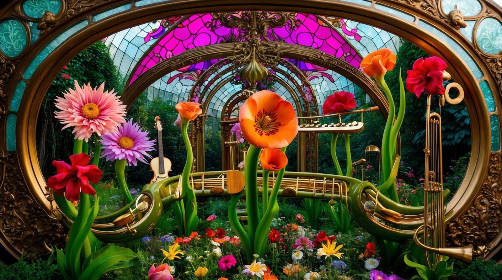 Enchanted garden where flowers transform into musical instru...