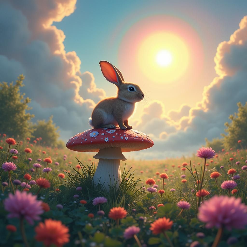 Rabbit on Mushroom in Rainbow Meadow: Mystical Scene