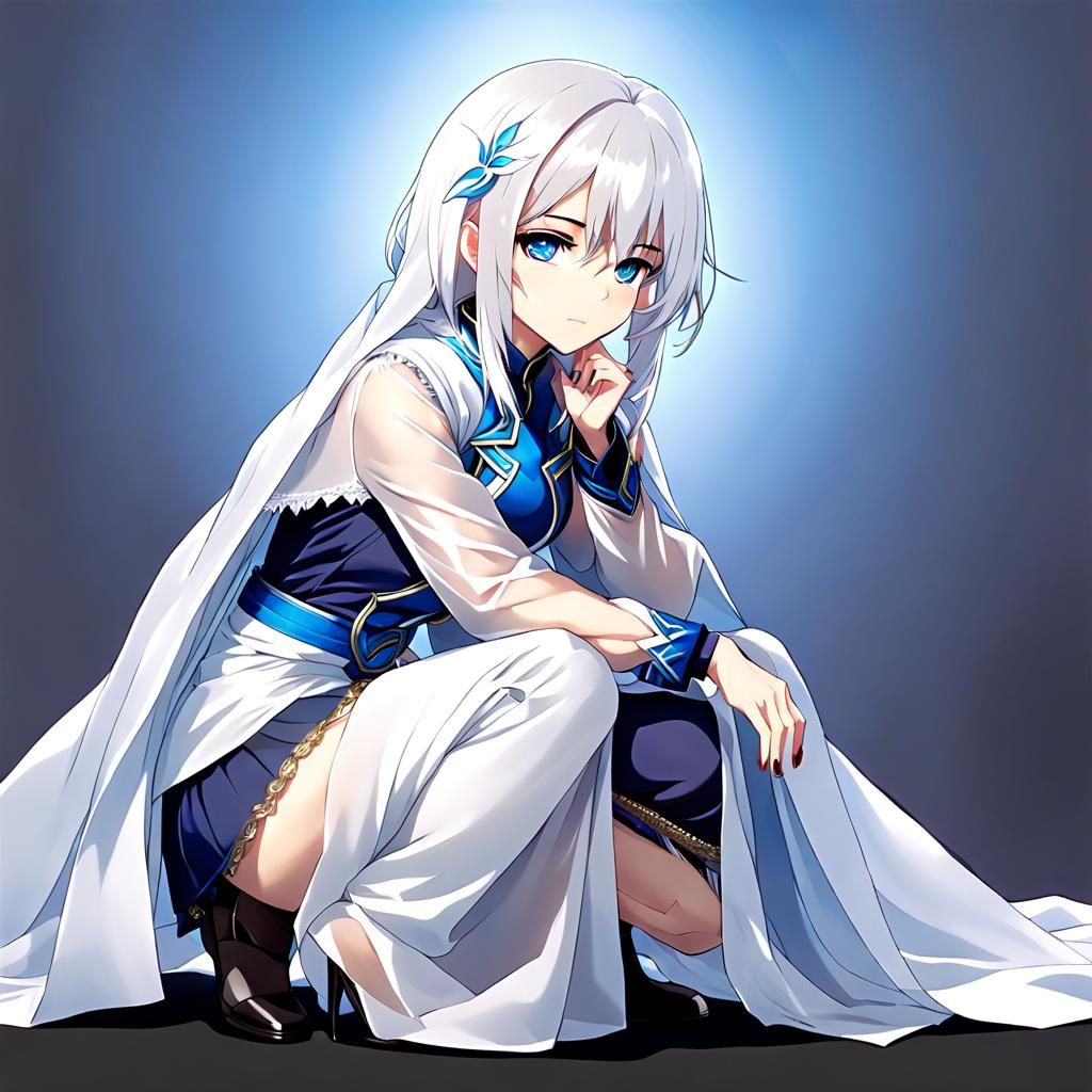 A Beautiful Woman With White Hair And Blue Crouched Down Wea...