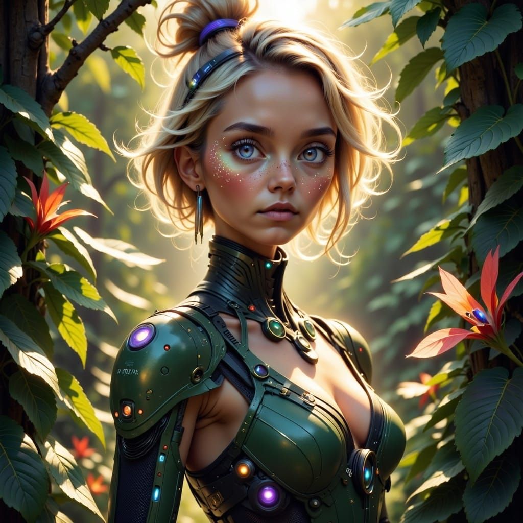 Concept art portrait. Medium shot. A female android with freckles, violet eyes, and pale skin in a tight outfit stands amidst lush green fol...