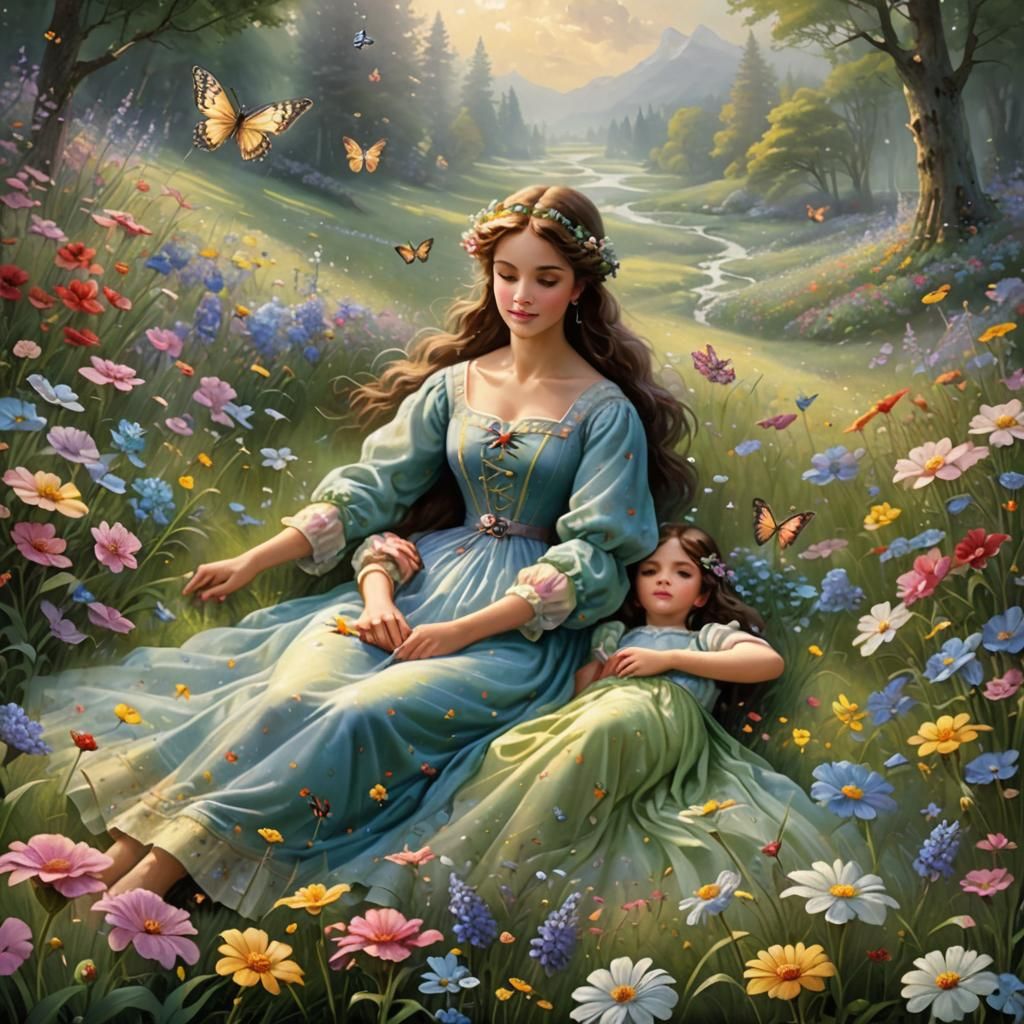 Two sisters, one older, laying down in a peaceful meadow ful...