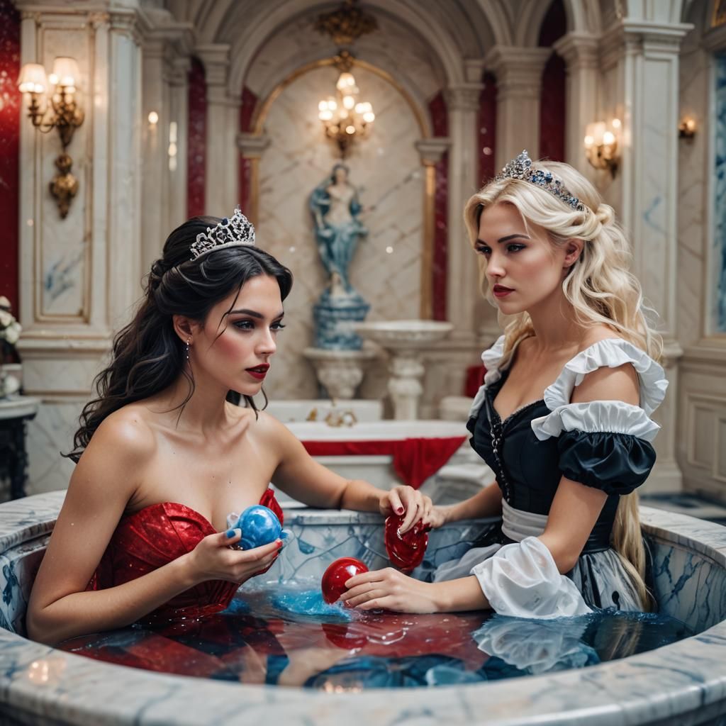 Beautiful brunette princess dressed in red, in octagonal blu...