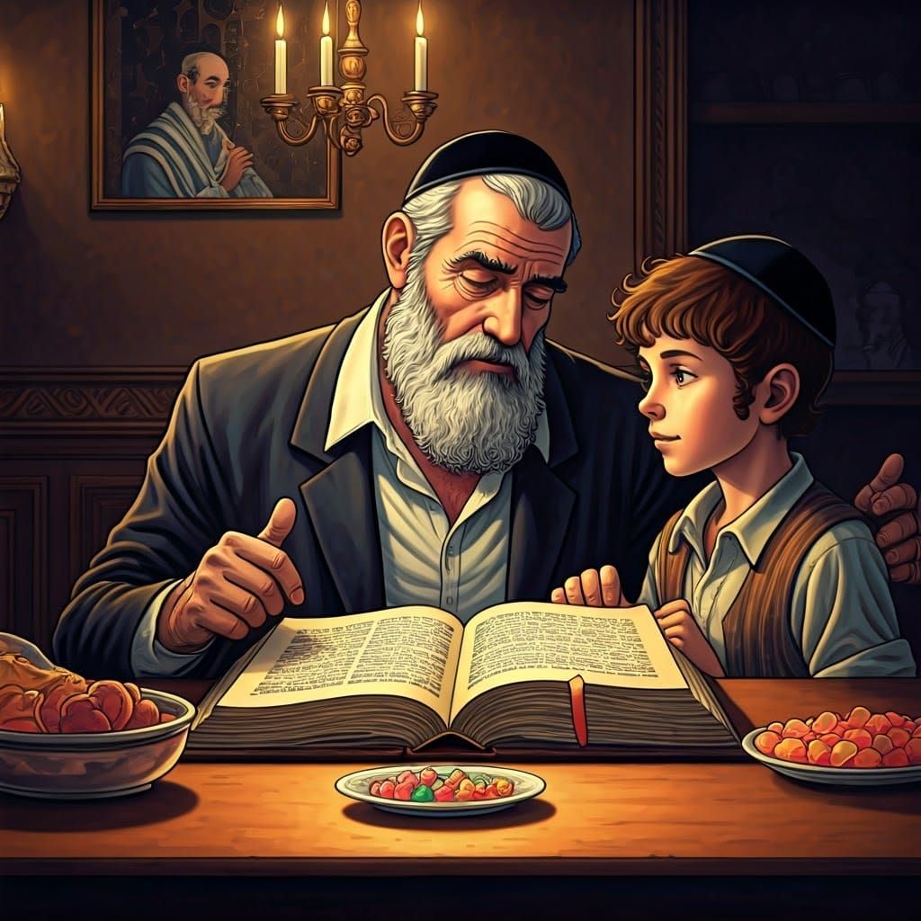 שולחן שבת בראש השולחן , ולומד מתוך ספר ביחד איתו ומרים את הא...