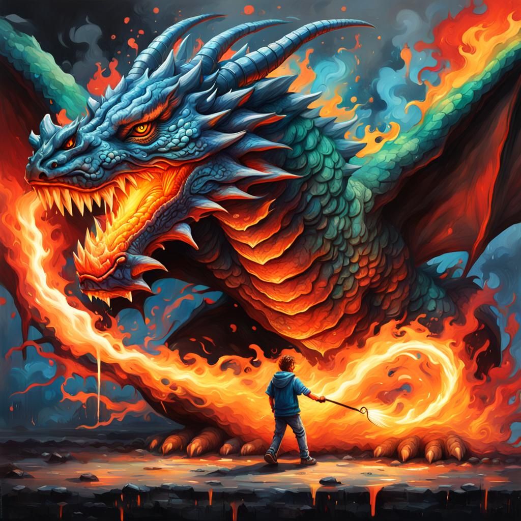 Mythical pet dragon breathing fire on a leash   by @Quincy Kehd