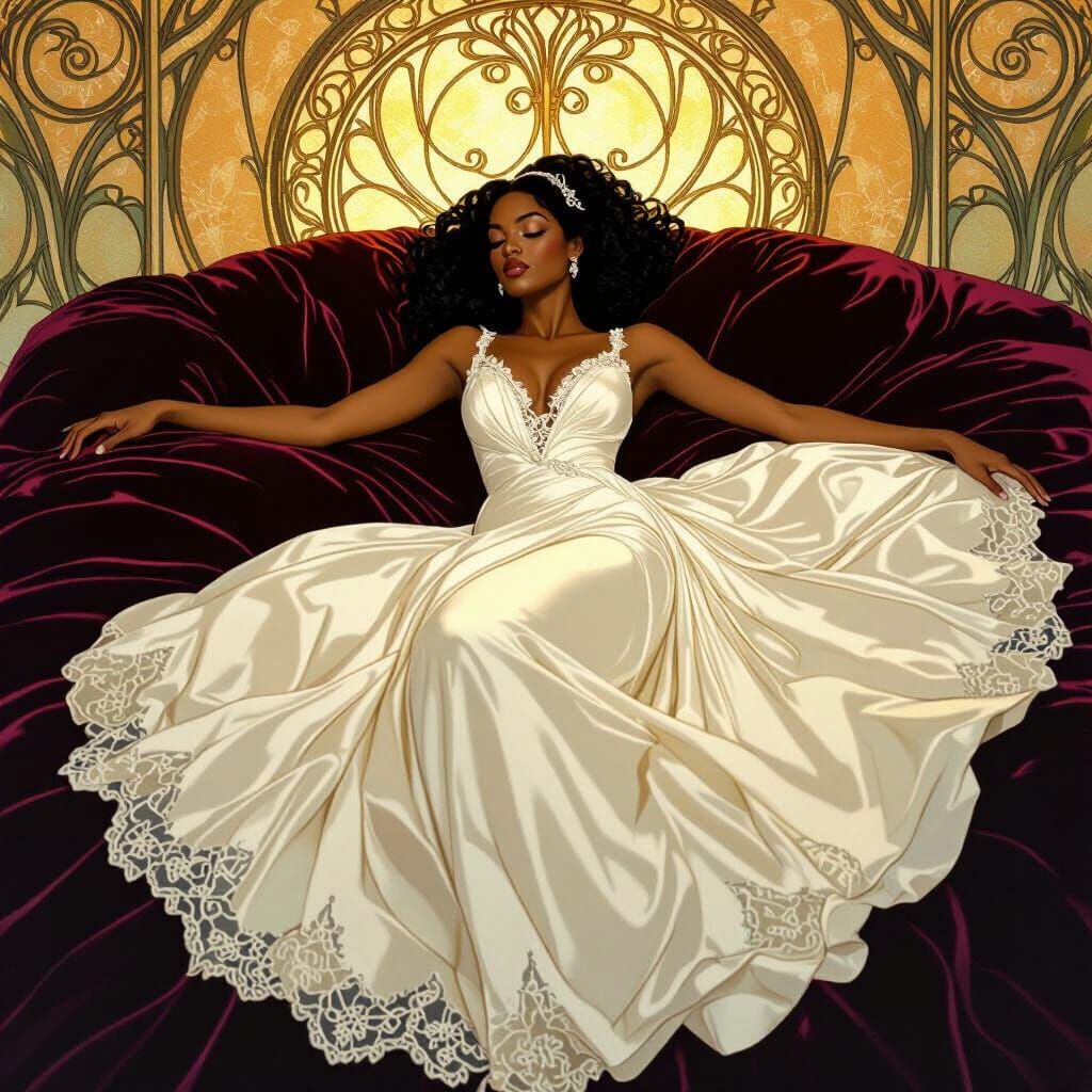 Elegant Woman in Satin Gown on Velvet Bed