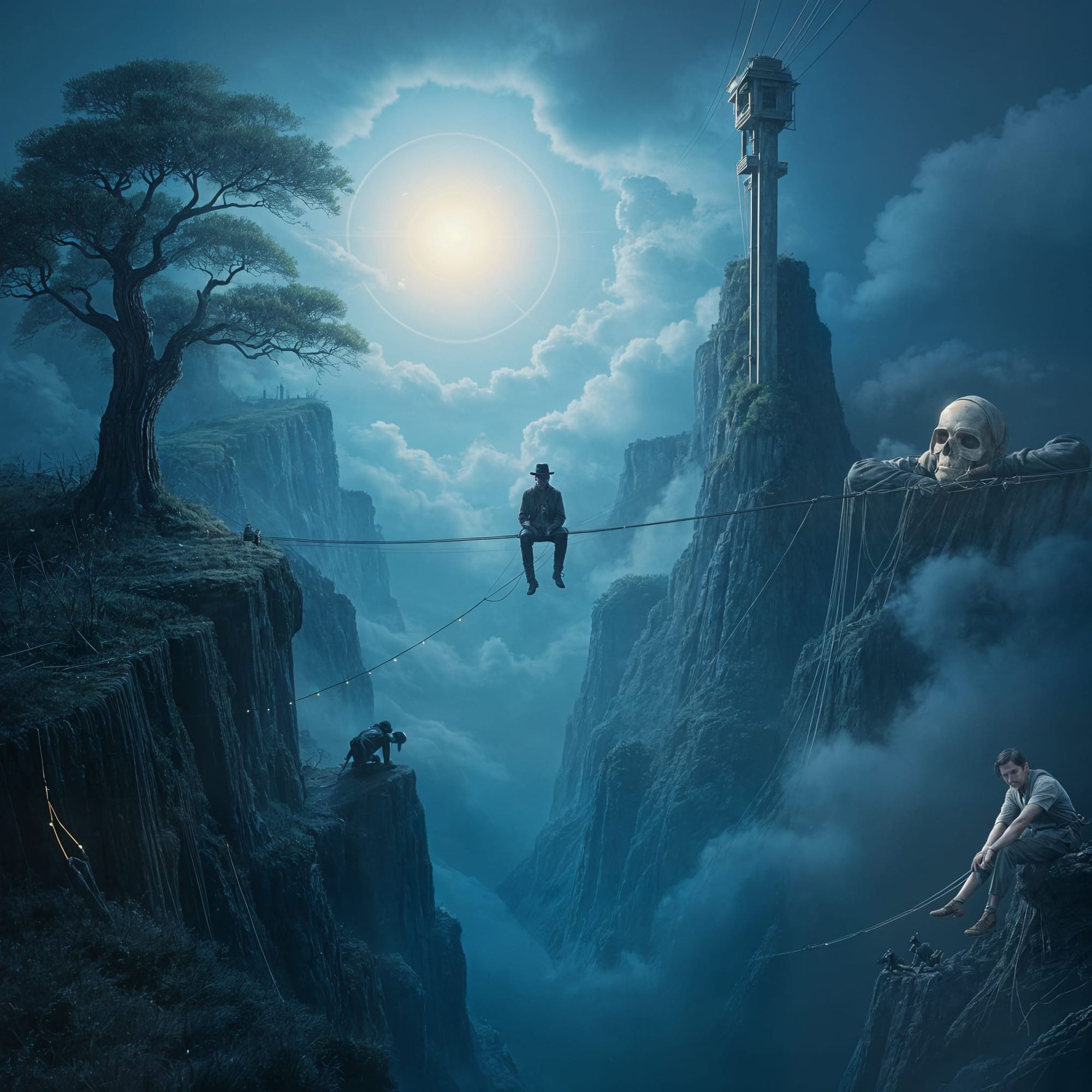 A man sits on a wire that stretches into the darkness, below him is nothing but shadows and mist