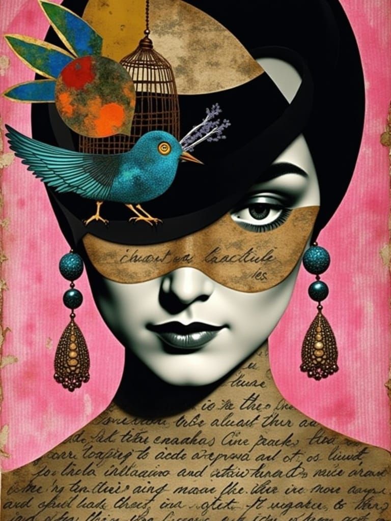 <lora:Funky:1.0> Woman with a Bird Cage Hat, Layered mixed media collage, yellowed vignette cursive manuscripts, variety of texture and patt...