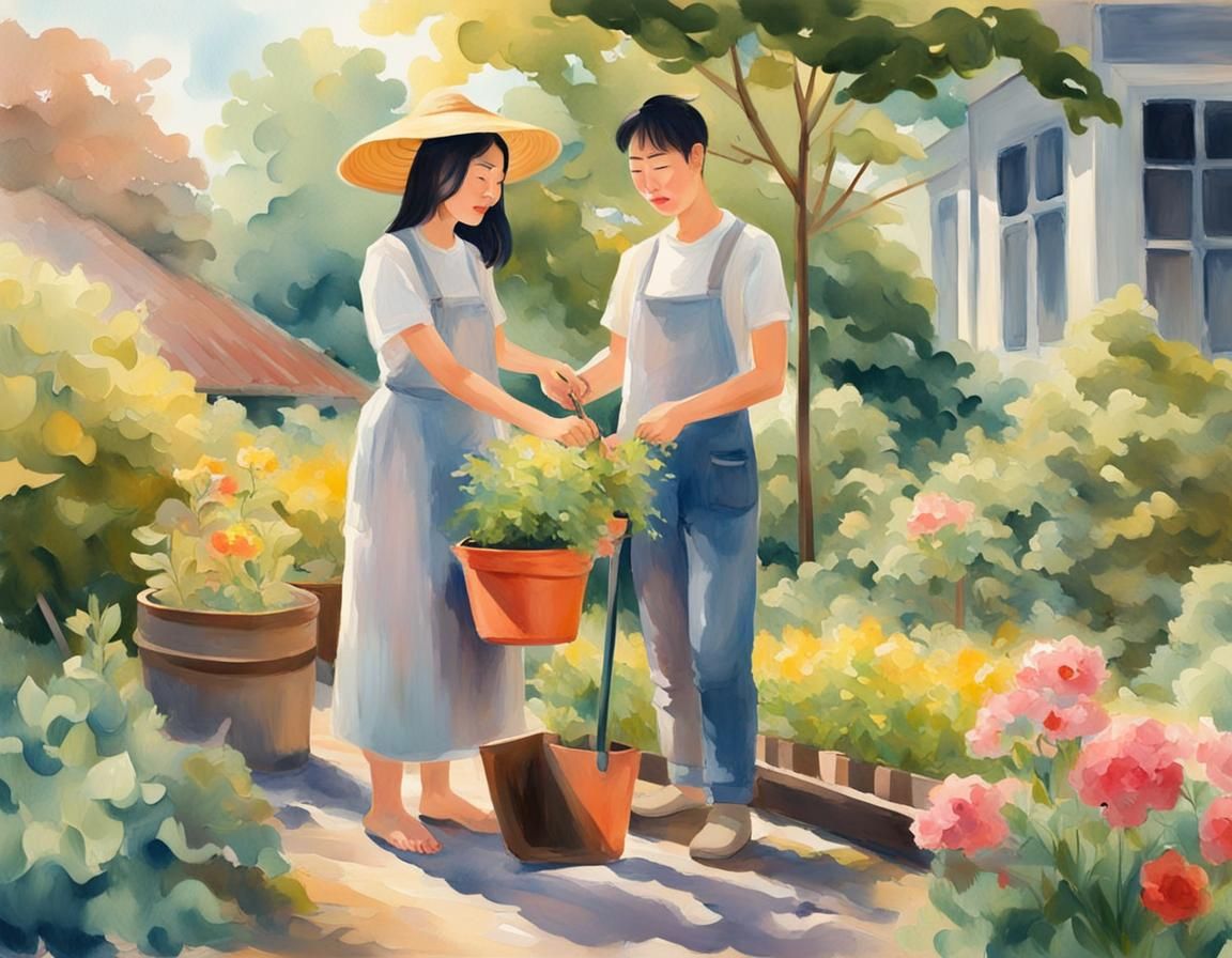 Young Asian husband and wife enjoying gardening together in beautiful sunlight