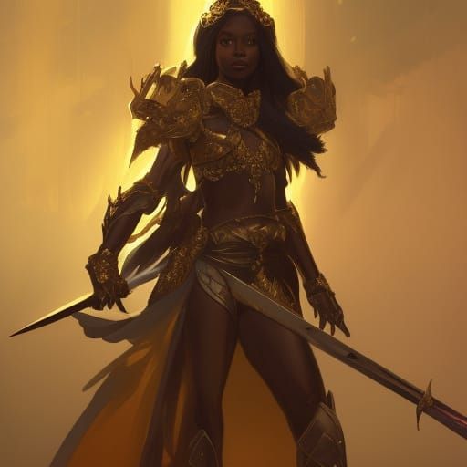 a Ebony queen in golden armor holding a sword