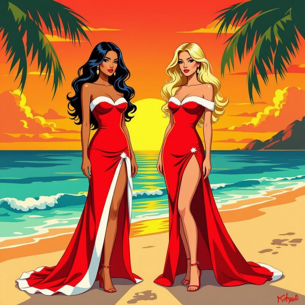 A hot Brazilian young woman who is wearing a strapless Santa dress next to a hot blonde haired young woman who is also wearing a strapless S...