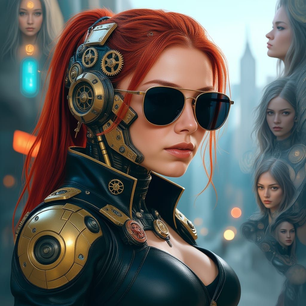 A striking portrait of a cyborg adorned with intricate, golden clockwork mechanisms, set against a backdrop of a bustling futuristic citysca...