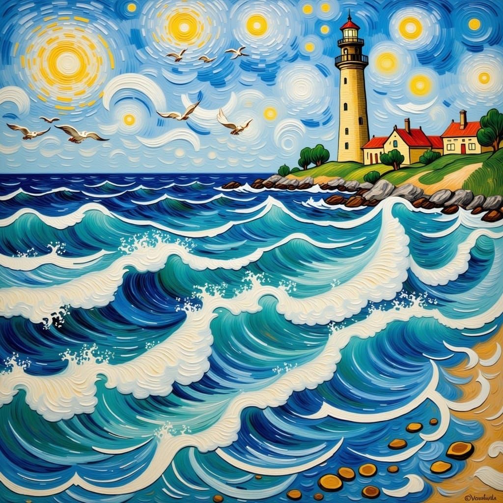 <lora:Van-MO Flux:1.0>  An impressionist painting masterpiece of a seascape of crashing waves, lighthouse, seagulls, swirling, paint texture...