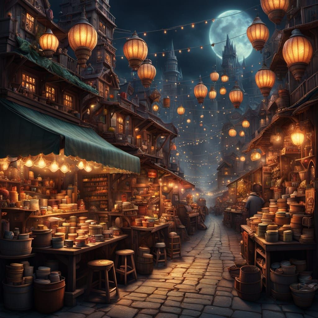 A mouse-run marketplace built from forgotten sewing materials—spools of thread for towers, zippers as roads, thimbles as food stalls. 1