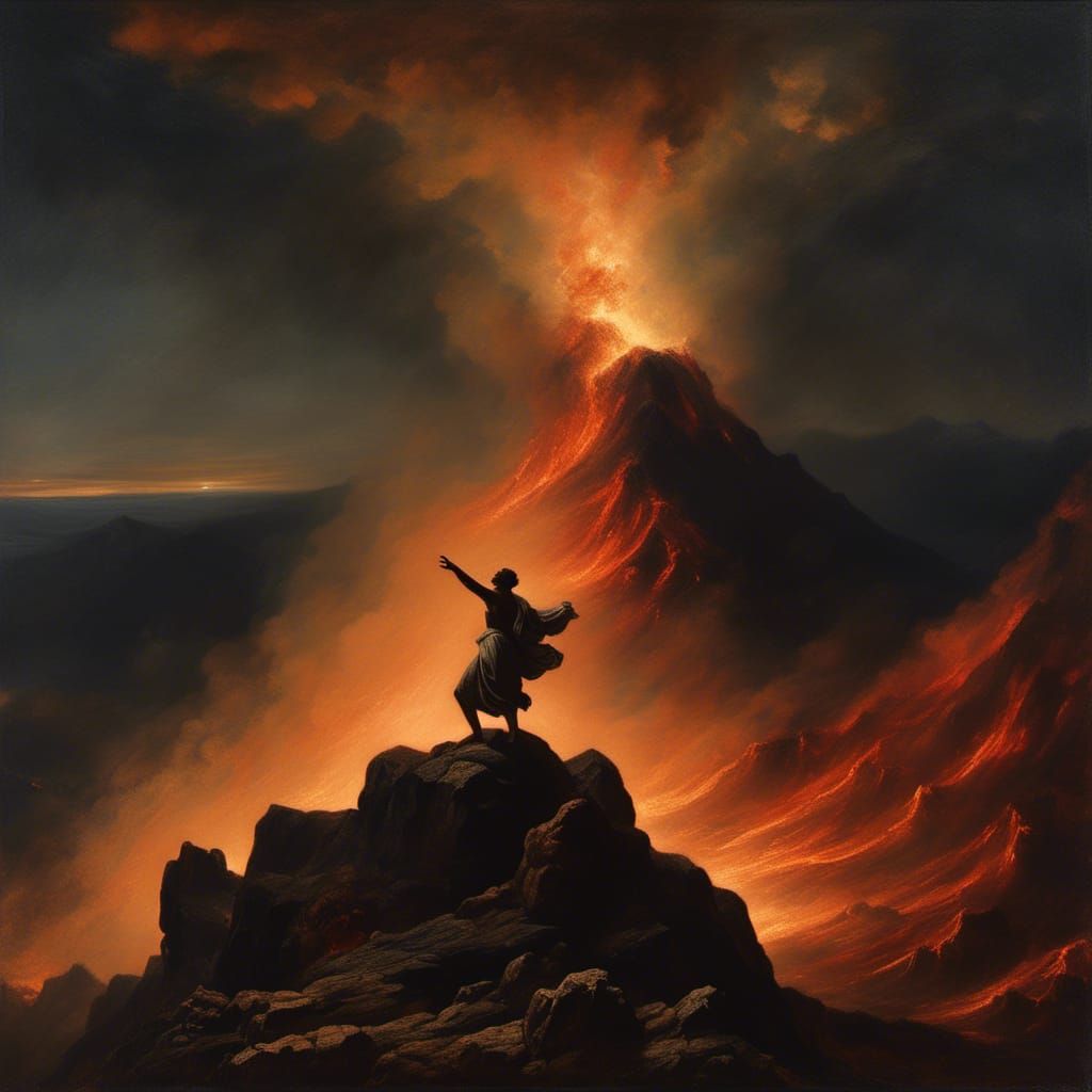 cinematic action academic art oil painting romantic ancient oil painting art; A figure atop a volcanic mountain, summoning a firestorm with...