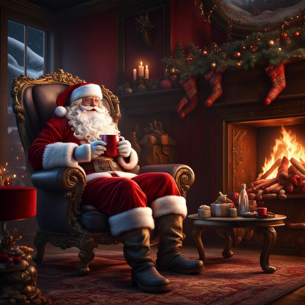 Santa, relaxing by the fire - AI Generated Artwork - NightCafe Creator