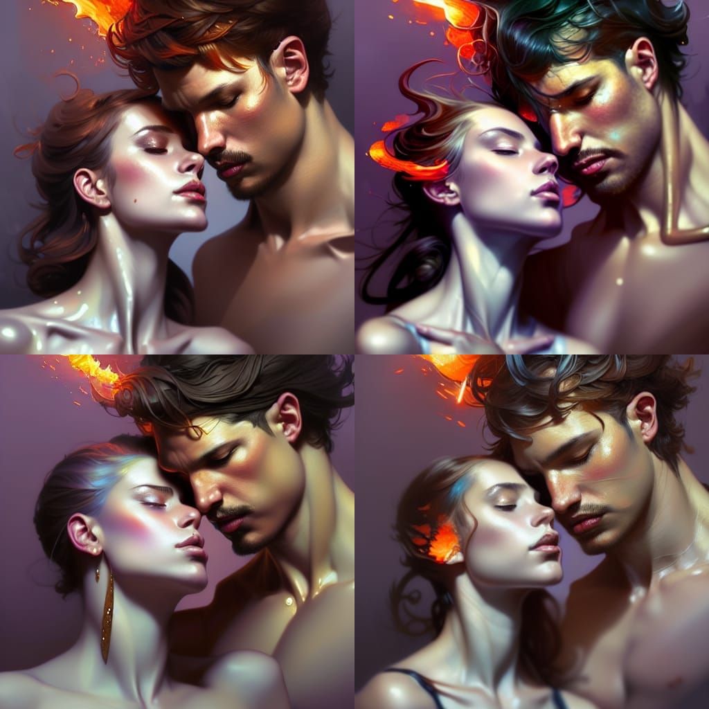 Sensuality, fire, Man, woman, kissing, love head and shoulde...