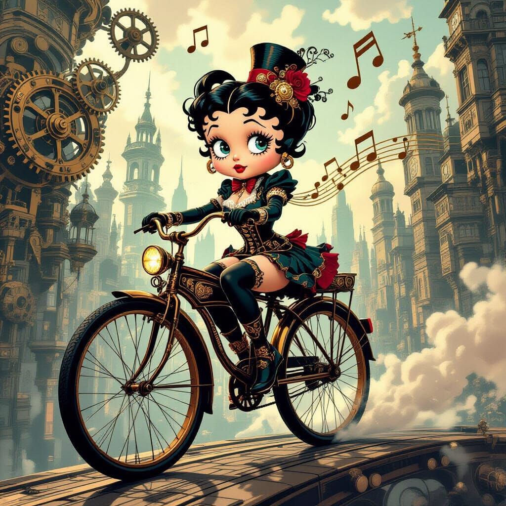 A steampunk Betty Boop rides a penny-farthing through a clockwork city  by @Slappy