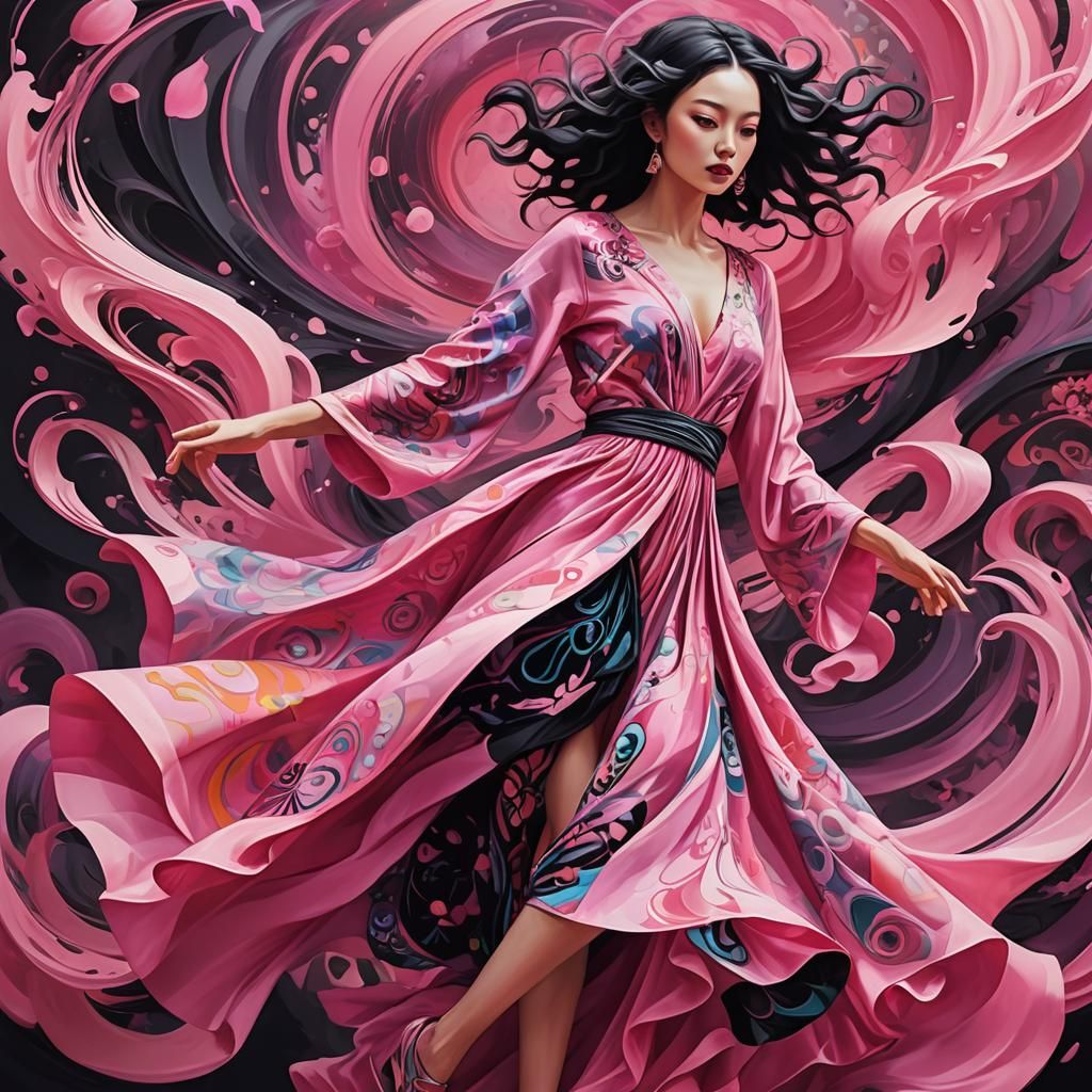 girl in a fluid and dynamic pose, wearing a loose, flowing pink dress