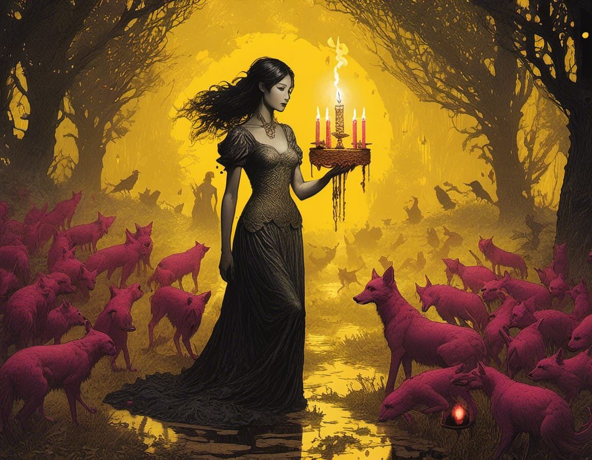 a woman holding a candle with ruby light gemstone radiance  