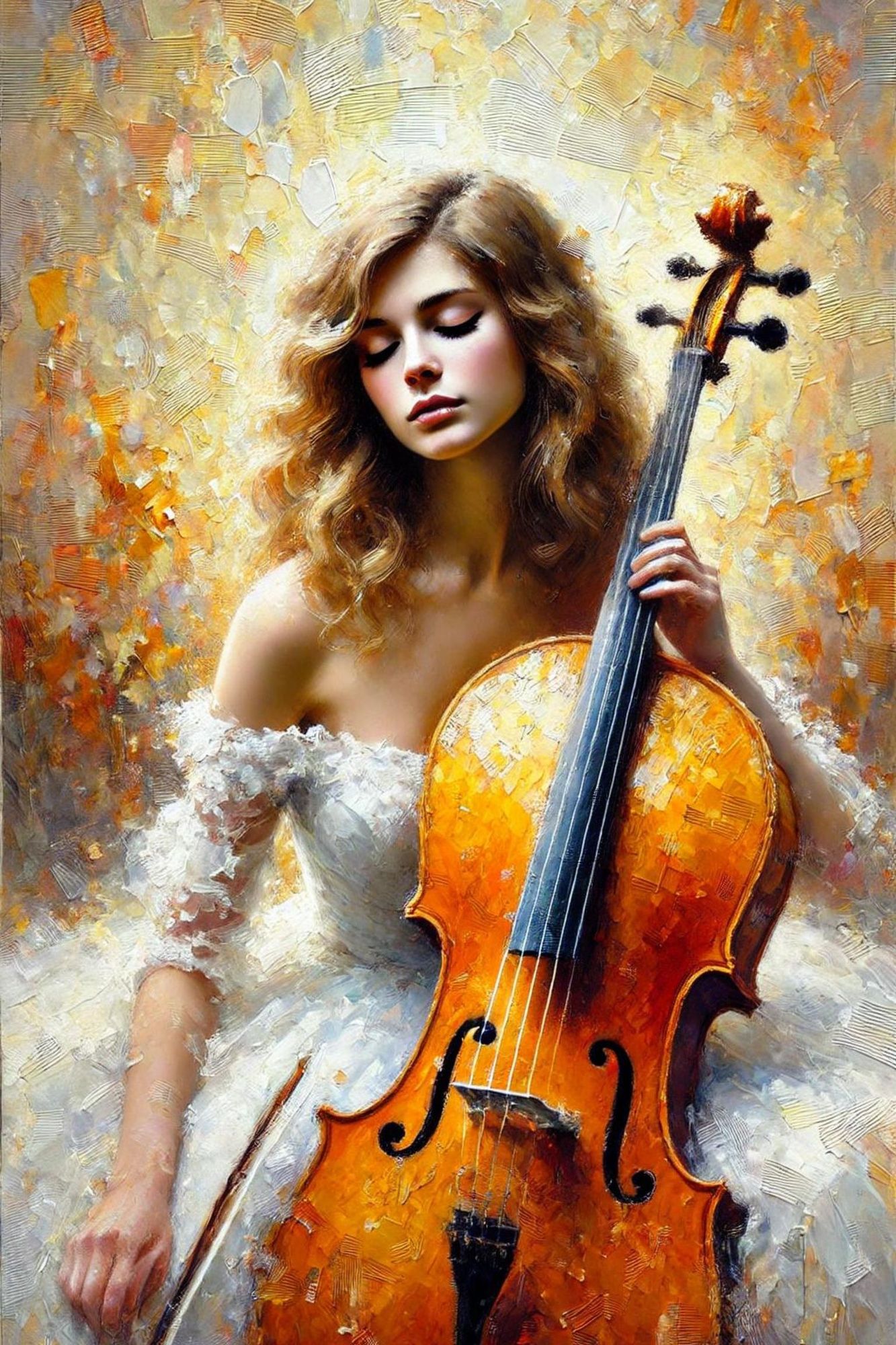 A impressionistic painting of a woman  with a cello.