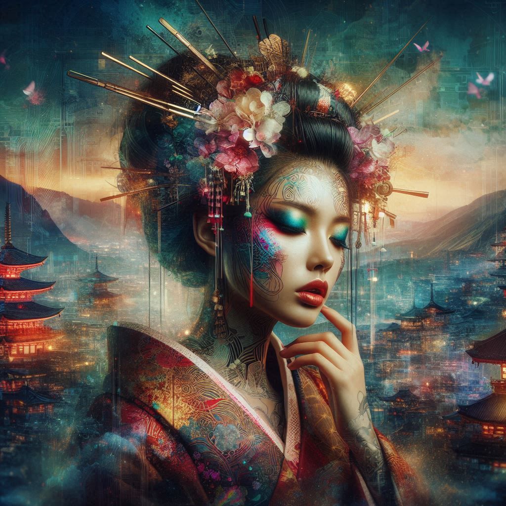 double exposure beautiful fantasy DALL-E 3 portrait landscap...