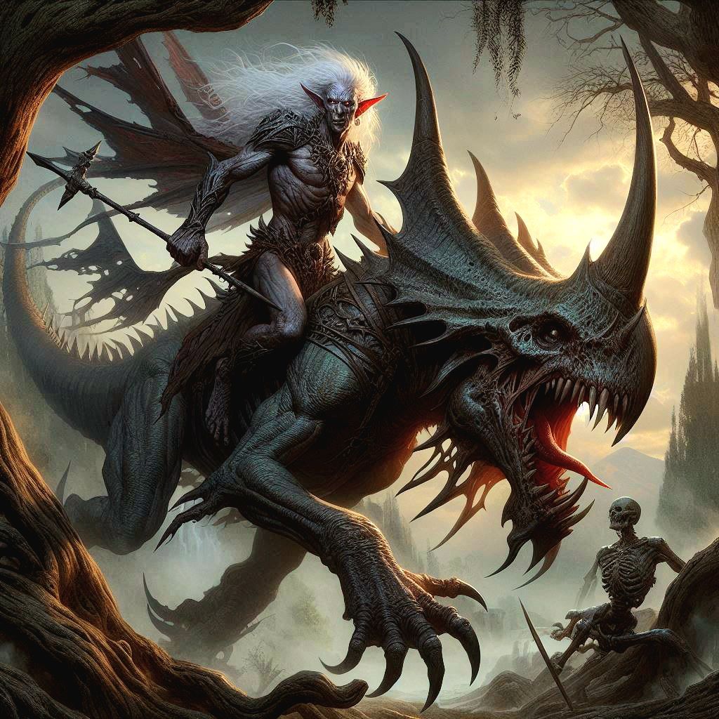 Elven warrior and dinosaur. Open prompt