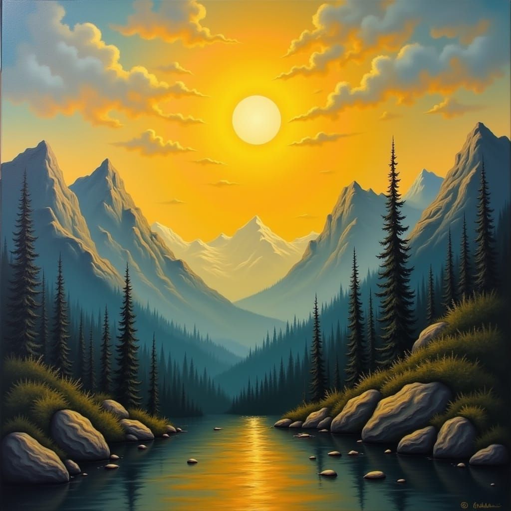 <lora:NICOLETTA  AND MARK:1.0> OIL ON CANVAS, YELLOW MOON, mountains