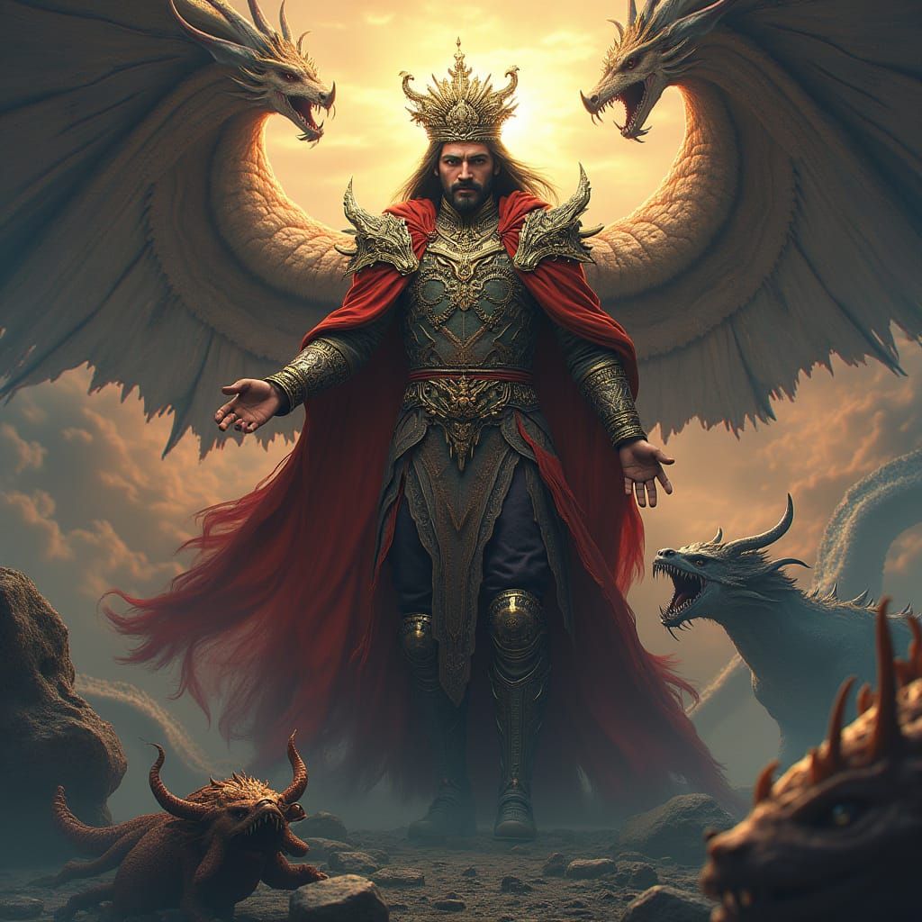 Majestic Human Figure Surrounded by Mythical Creatures