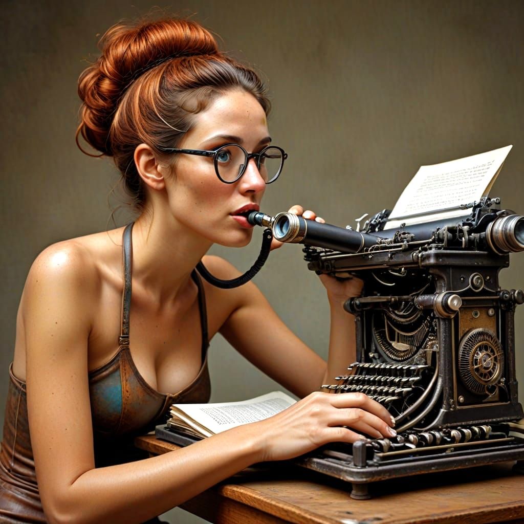 Surreal Hyperrealistic Portrait of a Happy Lady on an Antiqu...