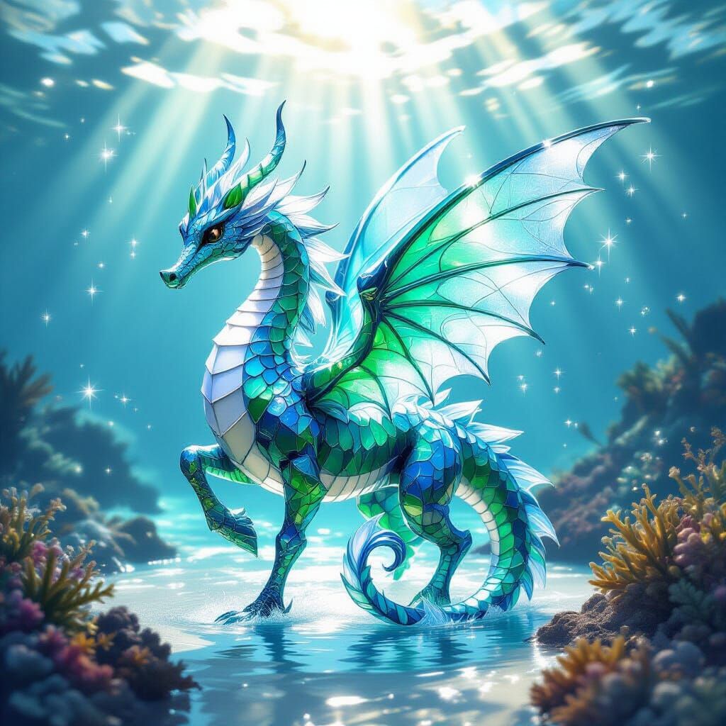 Create a breathtaking mythical creature sculpted entirely from polished ocean glass in every hue—emerald, ...  by @David Cox