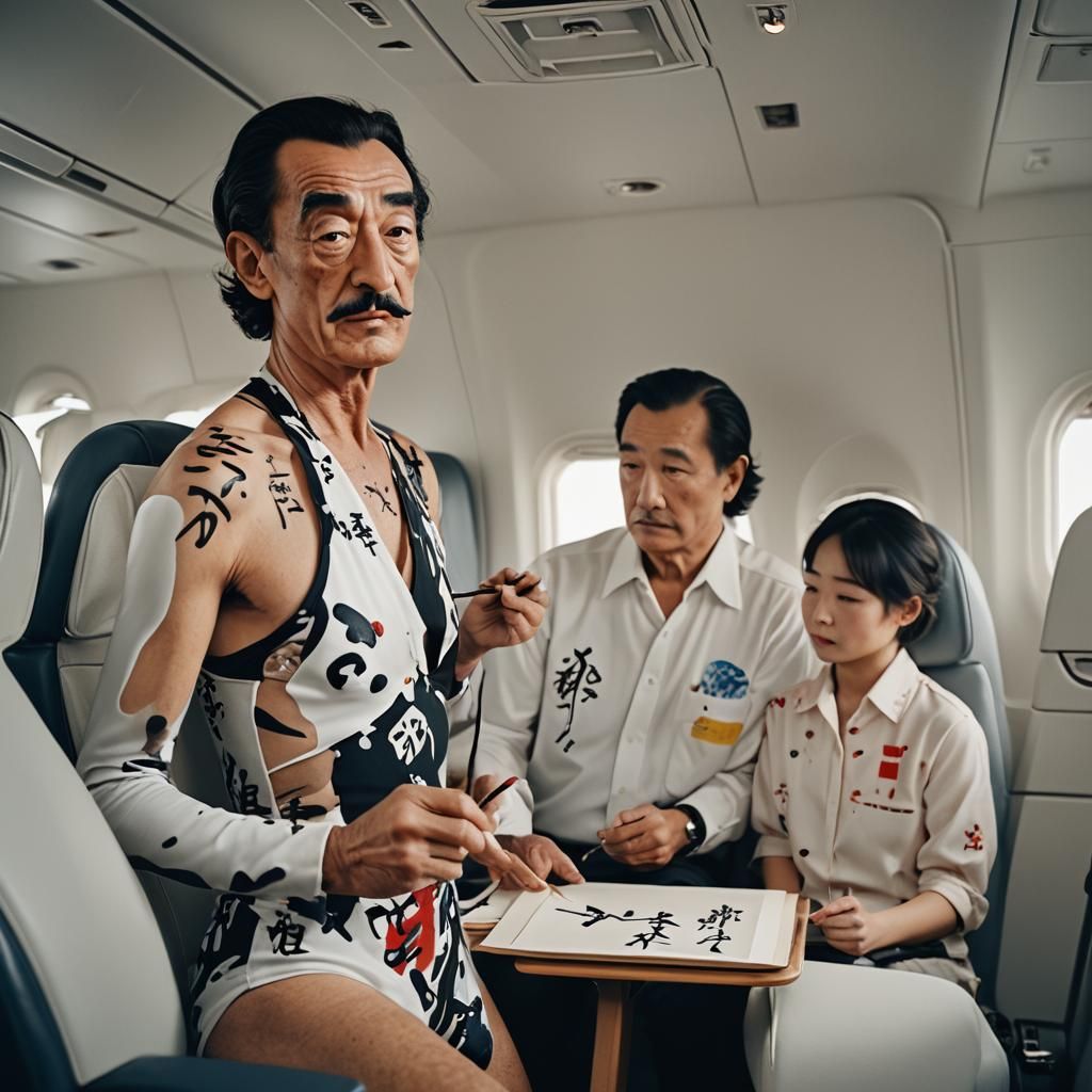 Salvador Dali is painting Chinese calligraphy, posing in a s...