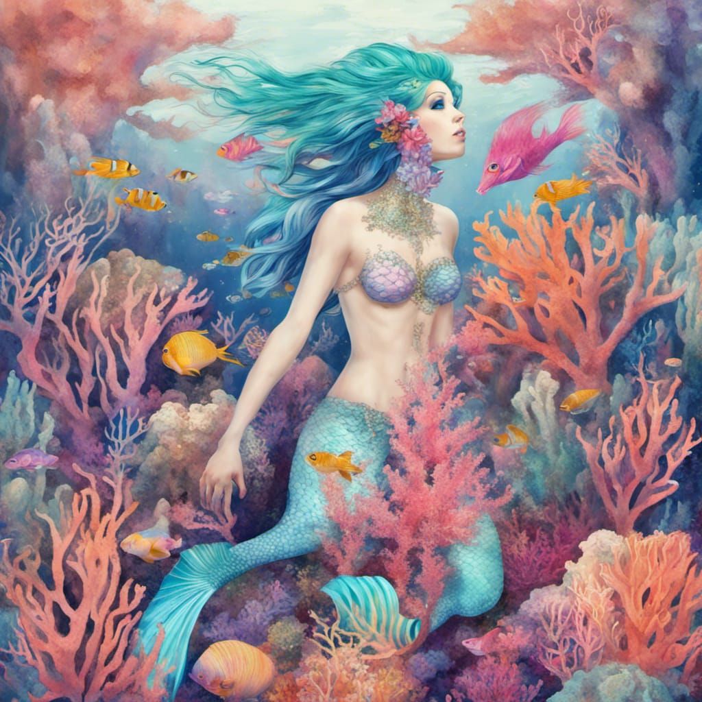 Mermaid near coral reef
