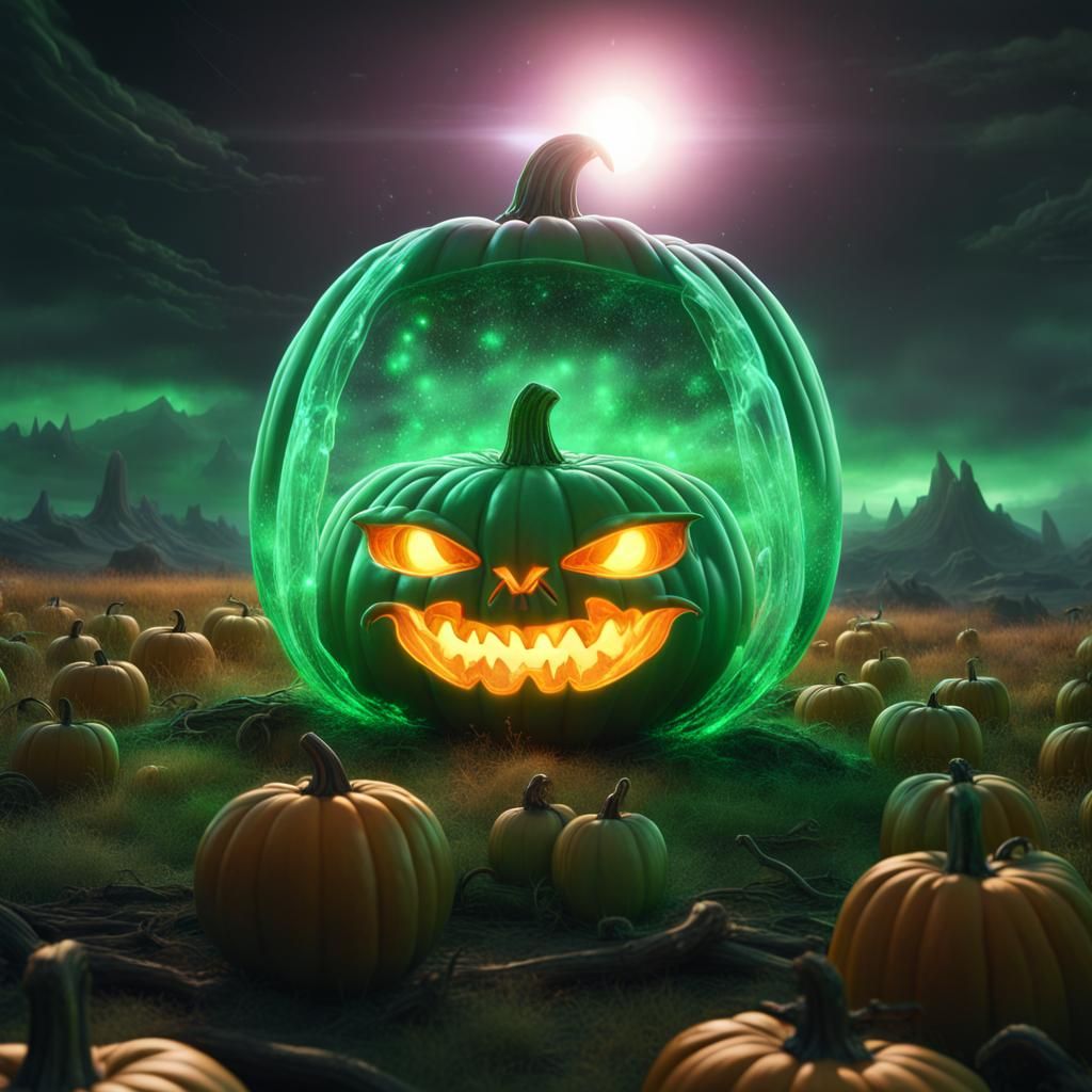 Green crystal open pumpkin with glowing ufo in a spooky field - AI ...