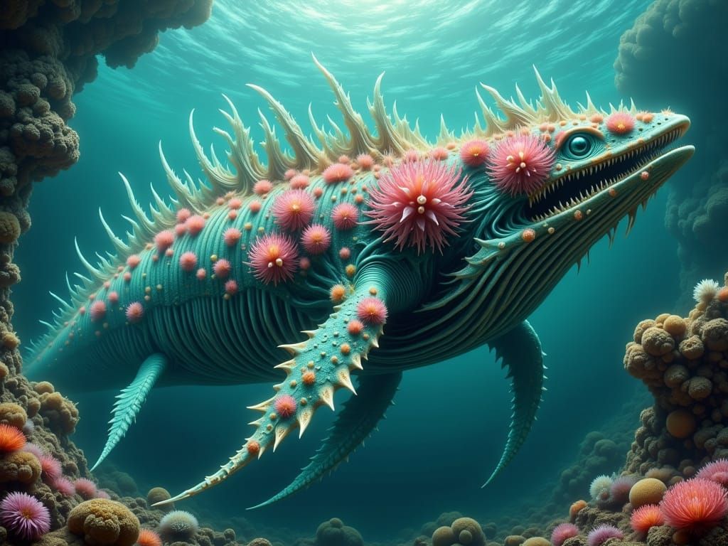 Mystical Coral Whale Creature in Ethereal Turquoise Glow