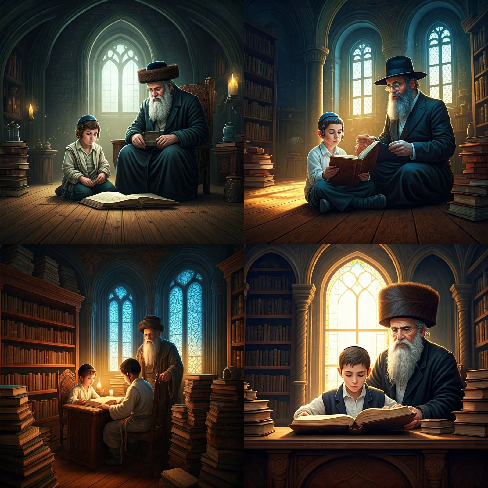 Hasidic Boy Learning With Man in Traditional Hat
