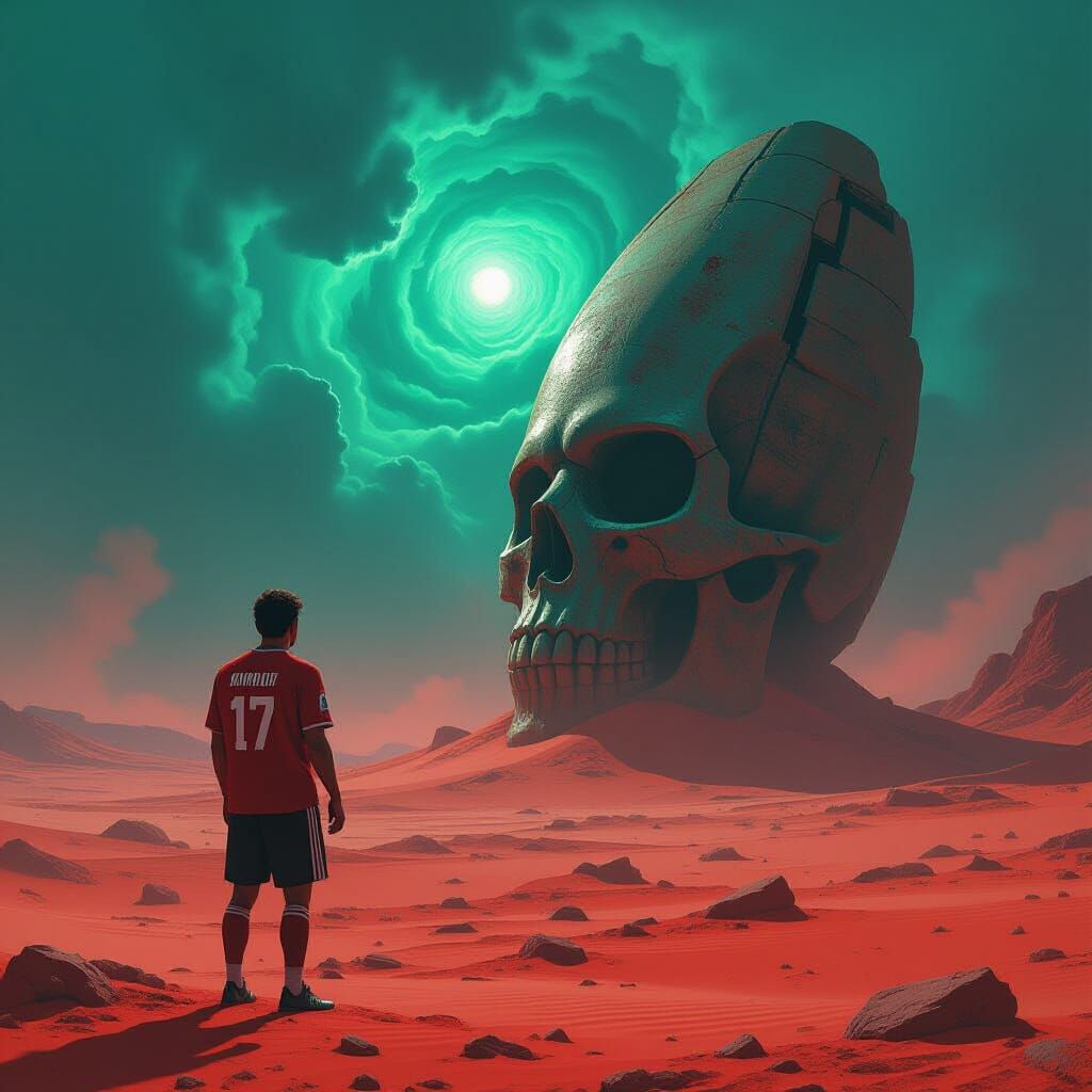 A lone, weathered footballer stands on a desolate alien planet, gazing at a colossal, ancient alien artifact half-buried in the crimson sand...