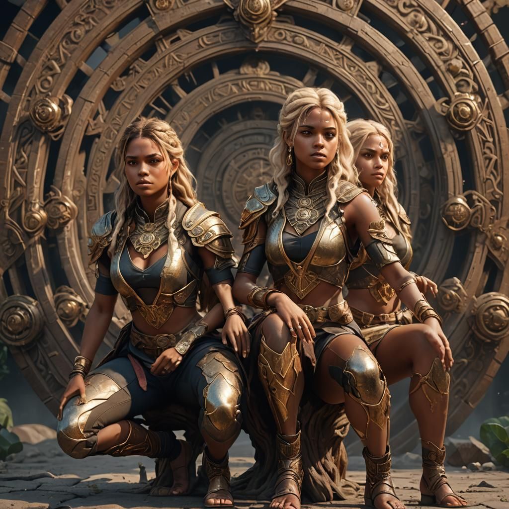 Female triplet Squat, brown skinned, with blond hair. Entwin...